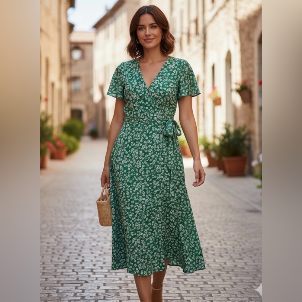 Elegant Green Floral Midi Dress
